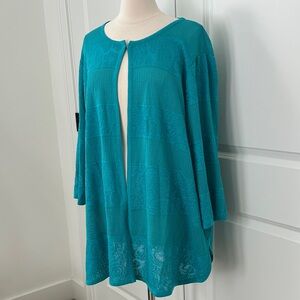 MISOOK size 3X turquoise mixed open stitch fly away cardigan jacket 3/4 slv